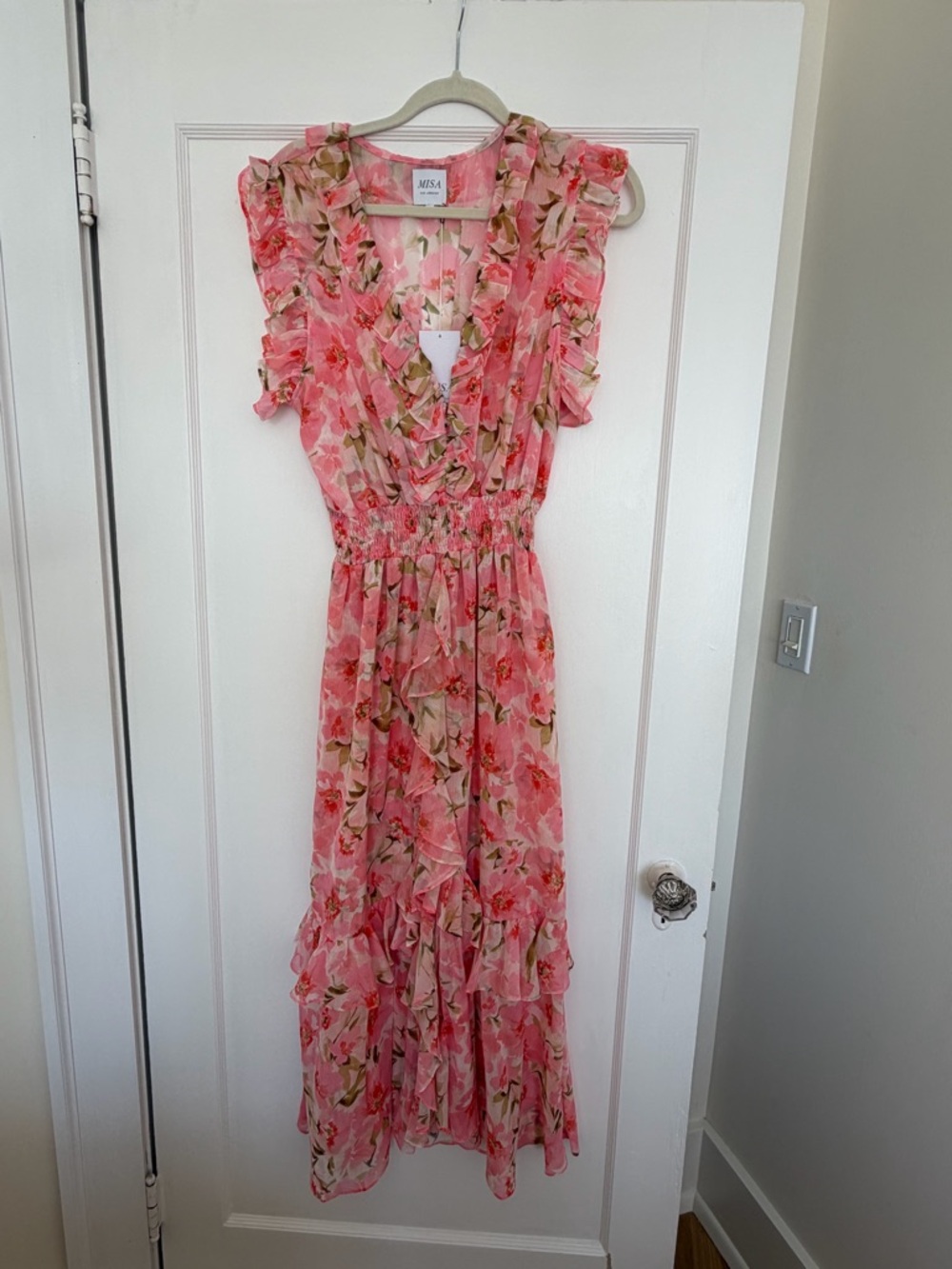 NWT Misa Los Angeles Pink Floral Ruffle V-Neck Maxi Dress